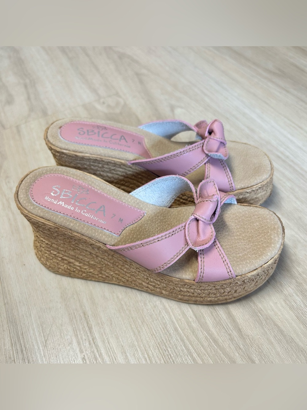 Sbicca pink leather bow knot platform wedge sandal womens 7